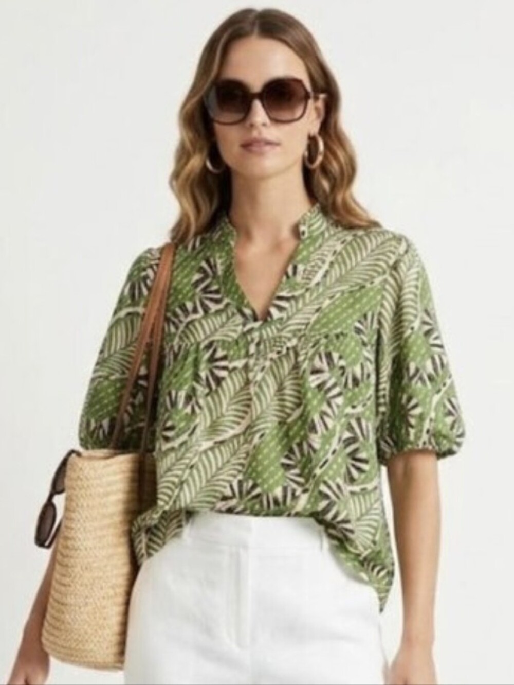 THML ethnic Print Satin Feel Blouse XS Tropical Bubble Puff Short Sleeve V-neck